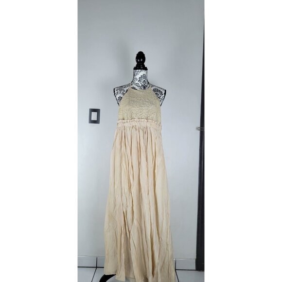 Moon River S Boho Halter Crochet Lace Linen Halter Neck  Backless Dress Beige - Picture 3 of 10